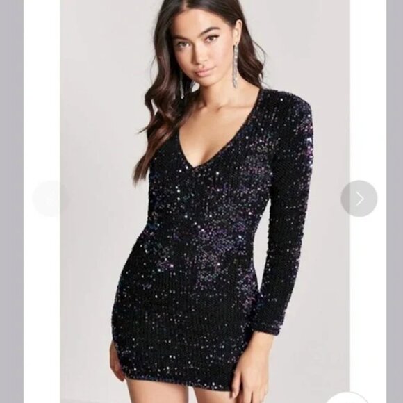 Forever 21 Sequin Bodycon Mini Dress Long Sleeve Size M black - Picture 1 of 7